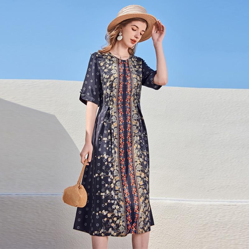 O Neck Short Sleeves Printed Lace Up Fashion Casual Mid Summer Dresses