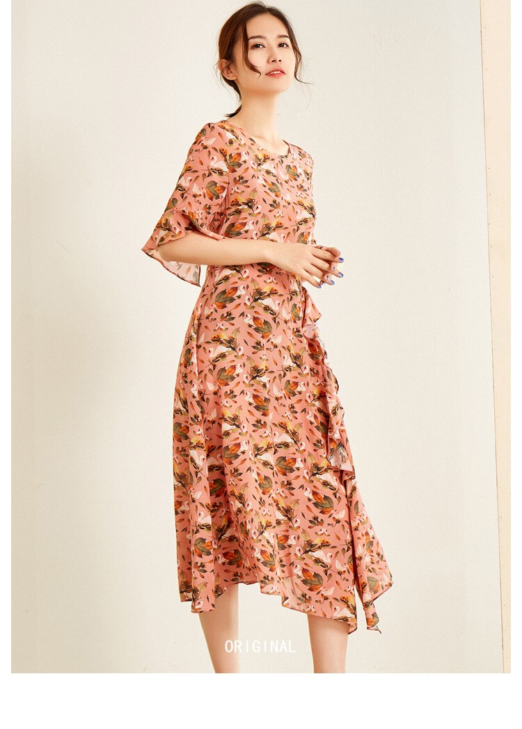 O Neck Short Sleeves Floral printed Ruffles Fashion Casual Dresses