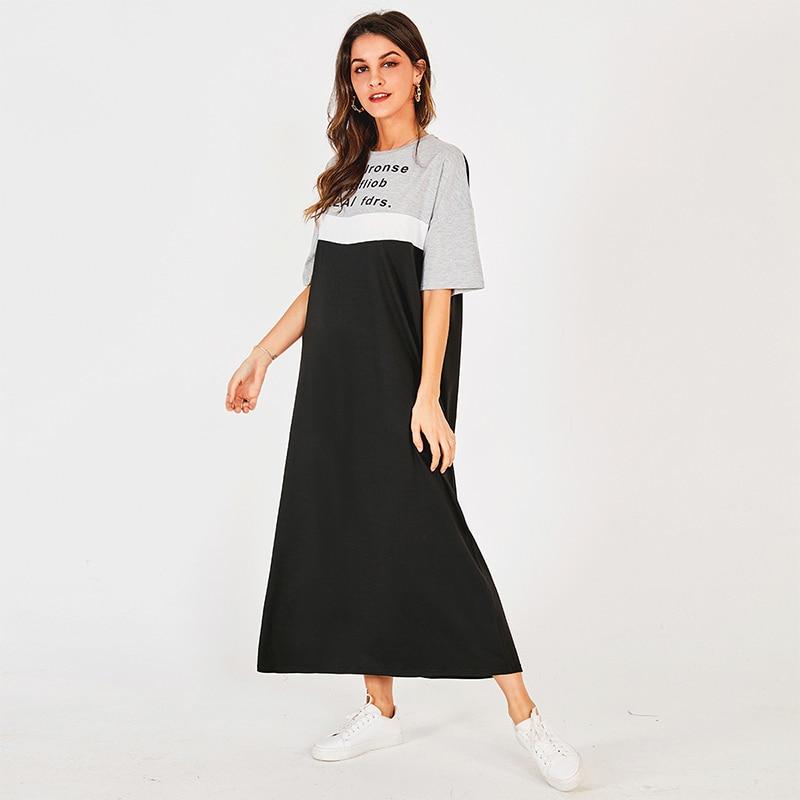 New Summer Women Long Dress 2021 Stitching Black Hit Color Letter Print Casual O-neck Short-sleeved Loose College Midi Dresses
