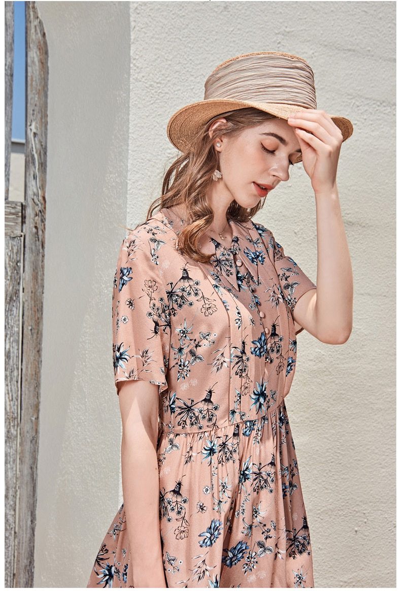 Turn Down Collar Short Sleeves Printed Ruched Fashion Casual High Street Dresses
