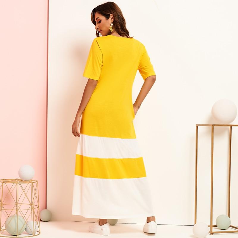 Summer Loose Dress Bright Yellow Color Block Hidden Pocket Half Sleeve Maxi Casual Dresses