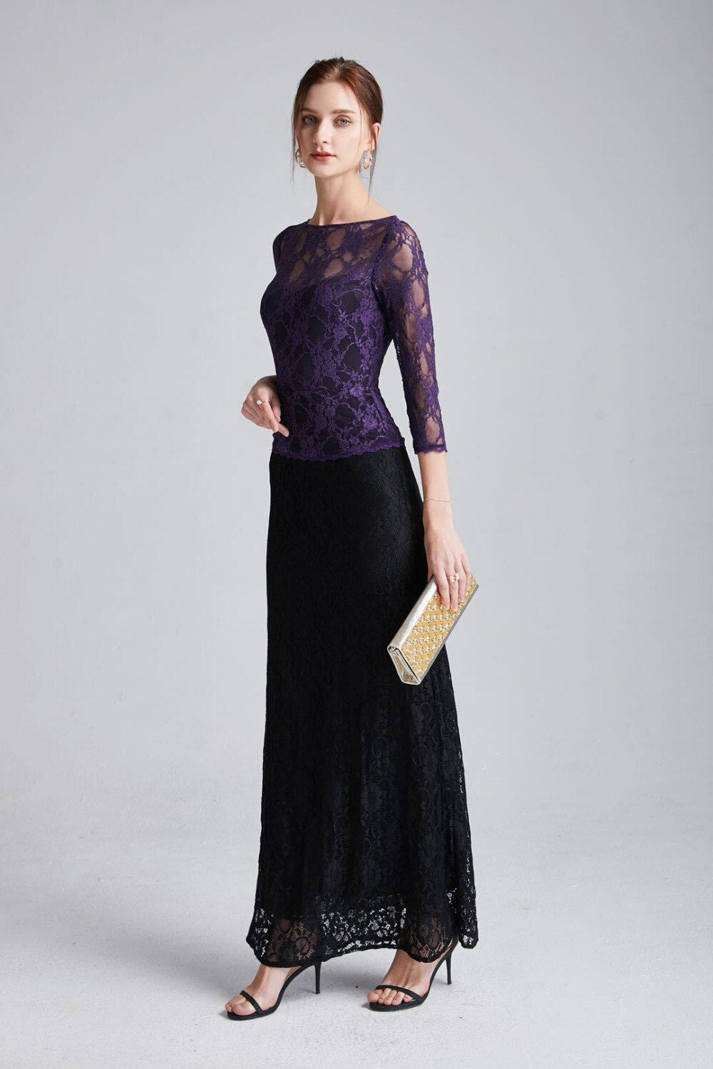 3/4 Sleeves Embroidery Lace Color Block Fashion Long Party Prom Dresses