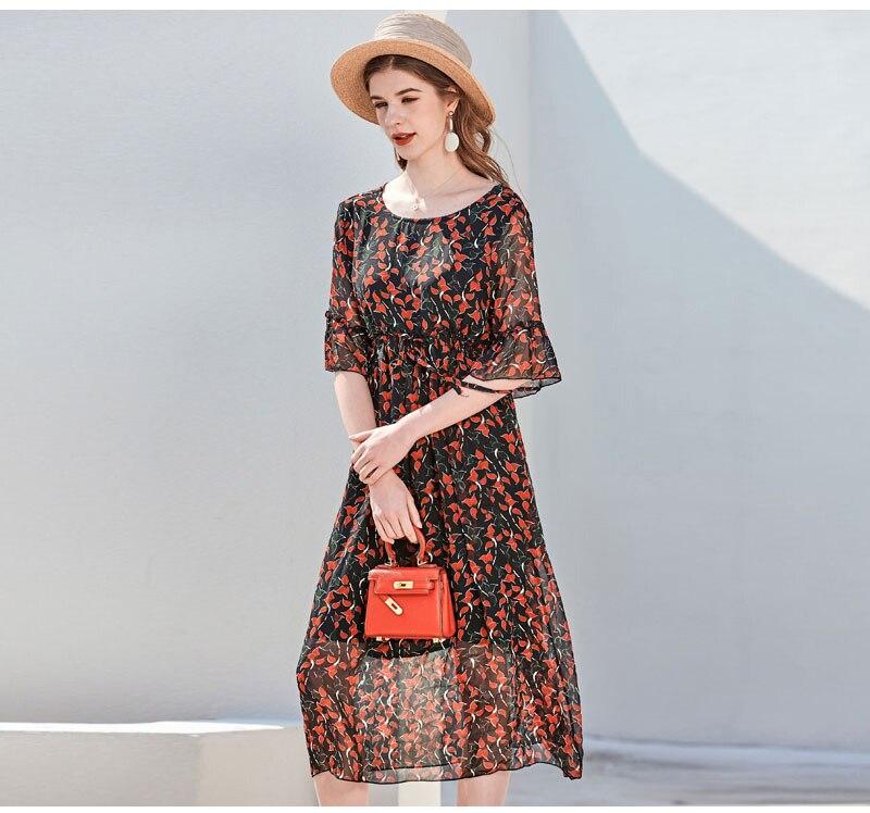 O Neck Half Sleeves Floral Printed Ruffles Fashion Casual Mid Summer Dresses