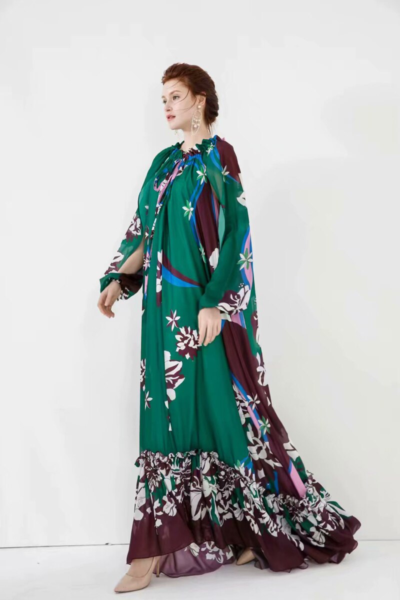 Lace Up Printed Loose Design Fashion Casual Maxi Dresses