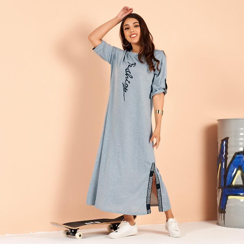 Summer Products Women's Fashion College Style English Printed Stretch Folded Sleeves Blue Short Sleeve Loose Split Blue Dress