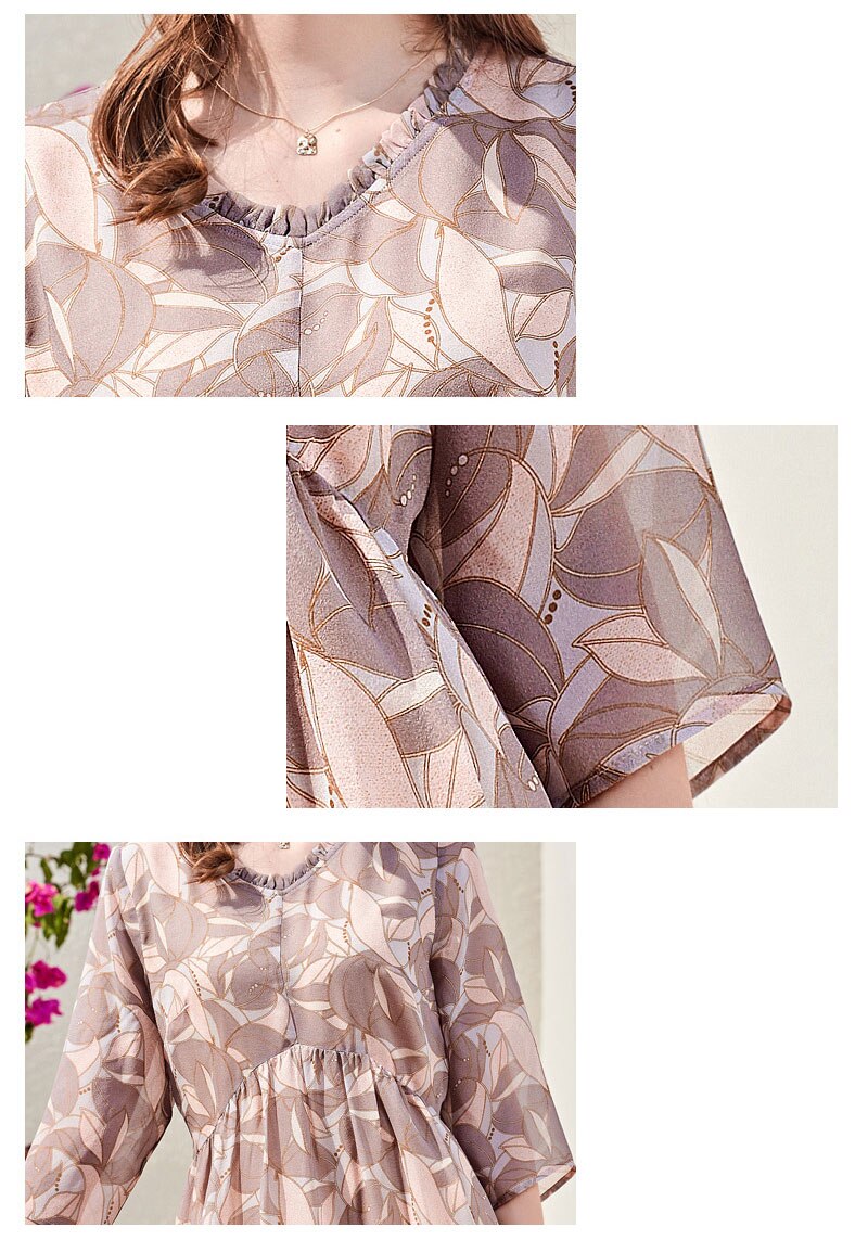V Neck 3/4 Sleeves Printed Ruffles Ruched Fashion Holiday Dresses
