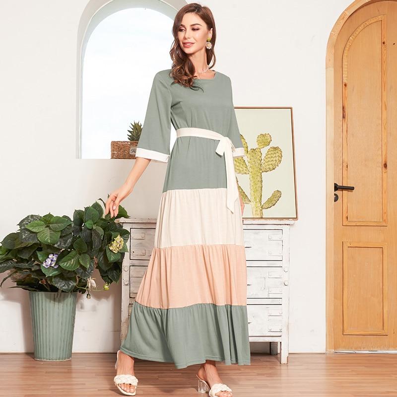 Women's Fashion 3-color Stitching over the Knee Long Travel Holiday Style Knitted Loose Mid-length Dress