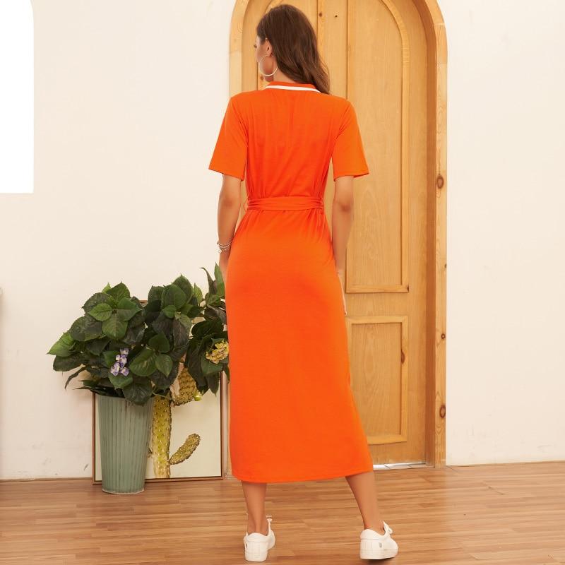 Women Summer Long Dresses Preppy Style Orange Bright Letter Print Split Hem Belted Polo Short Sleeve School Casual Midi Dress