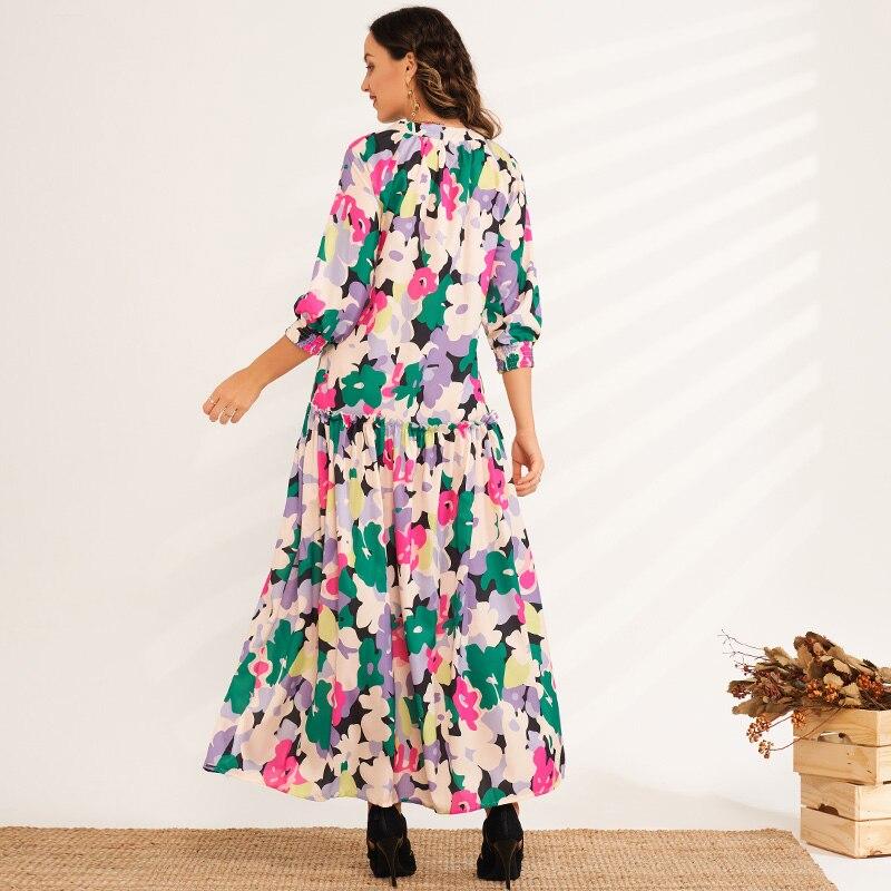 New Summer Maxi Dress Women 2021 Multicolor Floral Printing 3/4 Sleeve Bow Tie Collar A-line Bohemian Elegant Holiday Style Robe