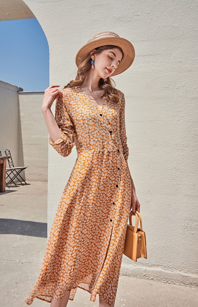 V Neck 3/4 Sleeves Floral Printed Fashion Casual Mid Calf Dresses