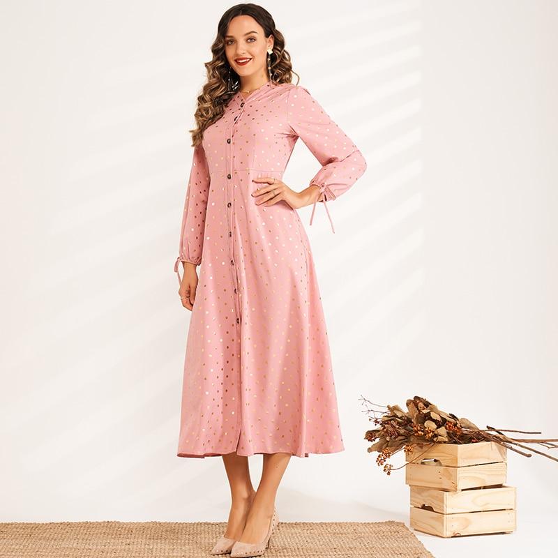 Stamping Wave Point Slim Long V-neck Long-sleeved Bow Sweet and Elegant A-line Woman Pink Dress