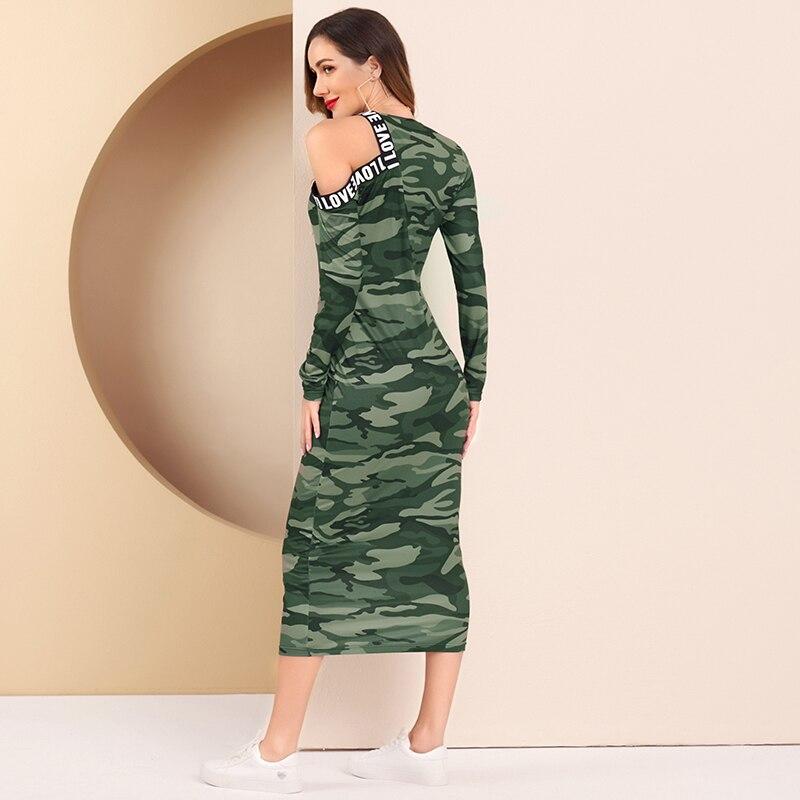 New Summer Bodycon Dress Women Camouflage Sexy One Shoulder Letter Print Hemmed Dresses Long Sleeve Midi Dress Mujer
