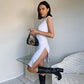 Woman Fashion Ribbed Short Sleeve High Slit Bodycon Dress