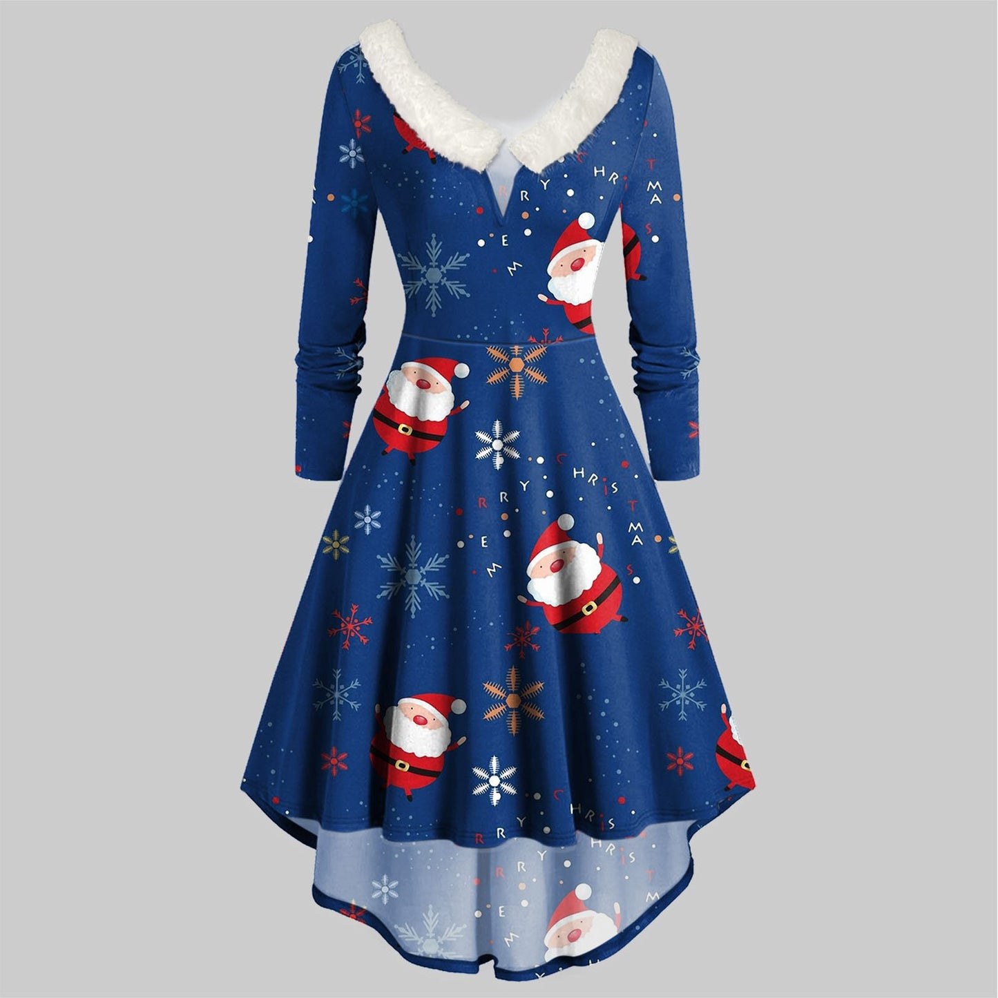 Weihnachtskleider für Frauen Pelziges V-Ausschnitt Swingkleid High Low Partykleid Langarm Xmas Print Kleider Weibliche Vestido Kleidung