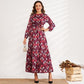 Sweet Long-sleeved Floral High-waisted Elastic Waist Long A-line Belted Romantic Dress