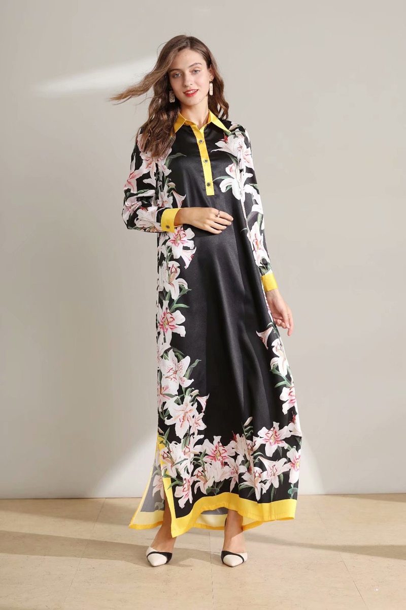 Long Sleeves Floral Printed Loose Designer Fashion Casual Split Long Dresses