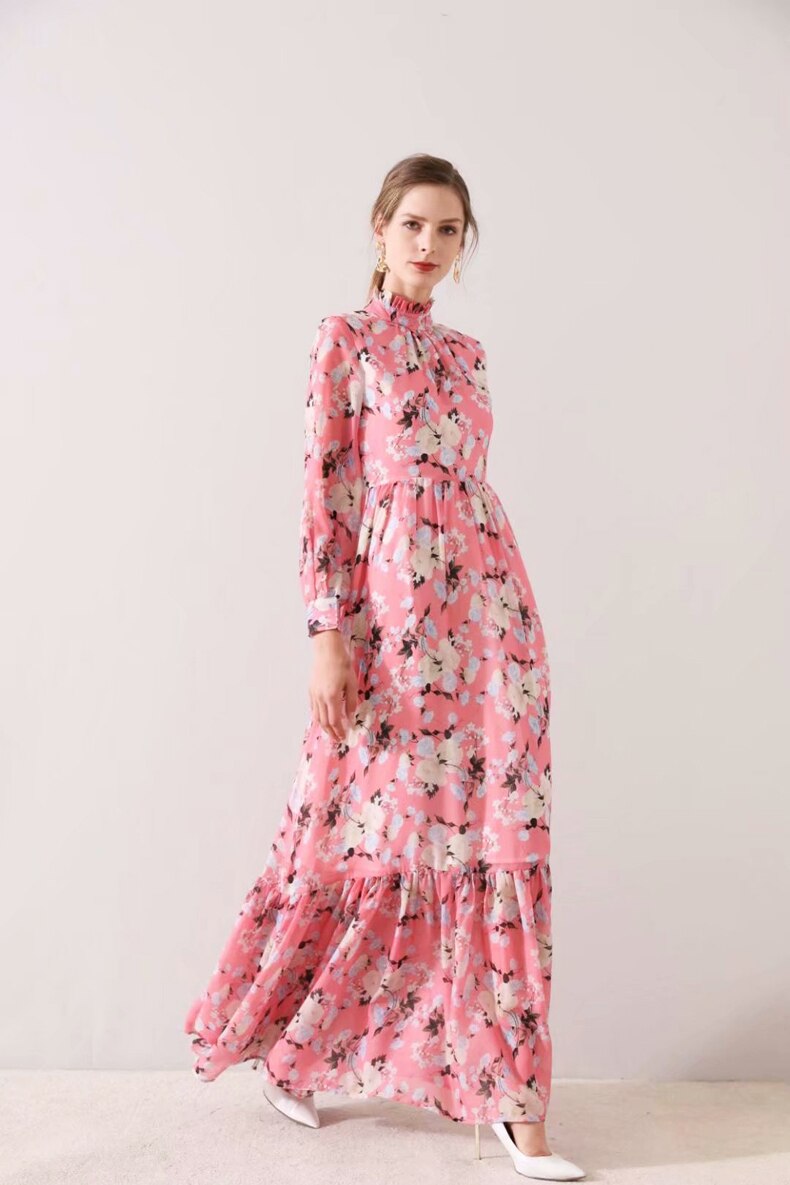 Long Sleeves Ruffles Printed Floral High Street Fashion Maxi Dress
