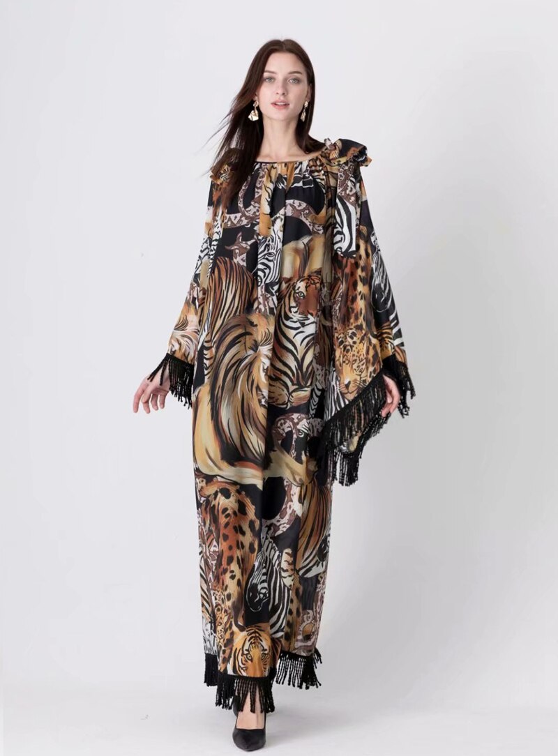Long Flare Sleeves Printed Elegant High Street Fashion Maxi Dress