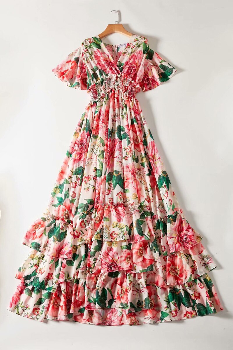 Short Flare Sleeves Floral Printed Tiered Ruffles Fashion Prom Long Dresses