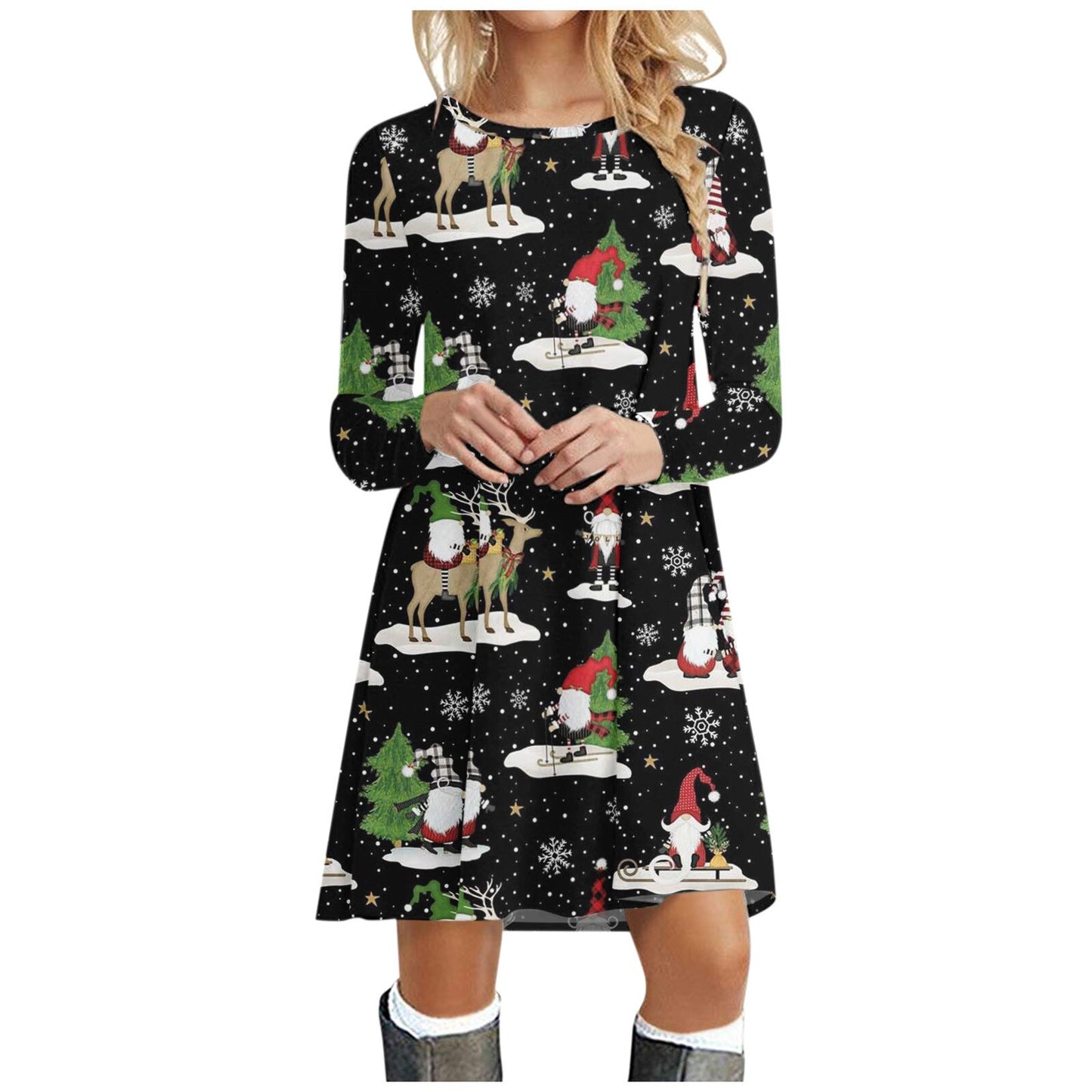 Women's Dress Casual Long Sleeve O-neck Christmas Print Ladies Loose Sweatshirt Blouse Dress Mini Swing Dress Woman Xmas Dresses