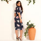 Elegant Round Neck Waist Six-point Sleeve Long Slim-fit Knit Floral Women's Dress