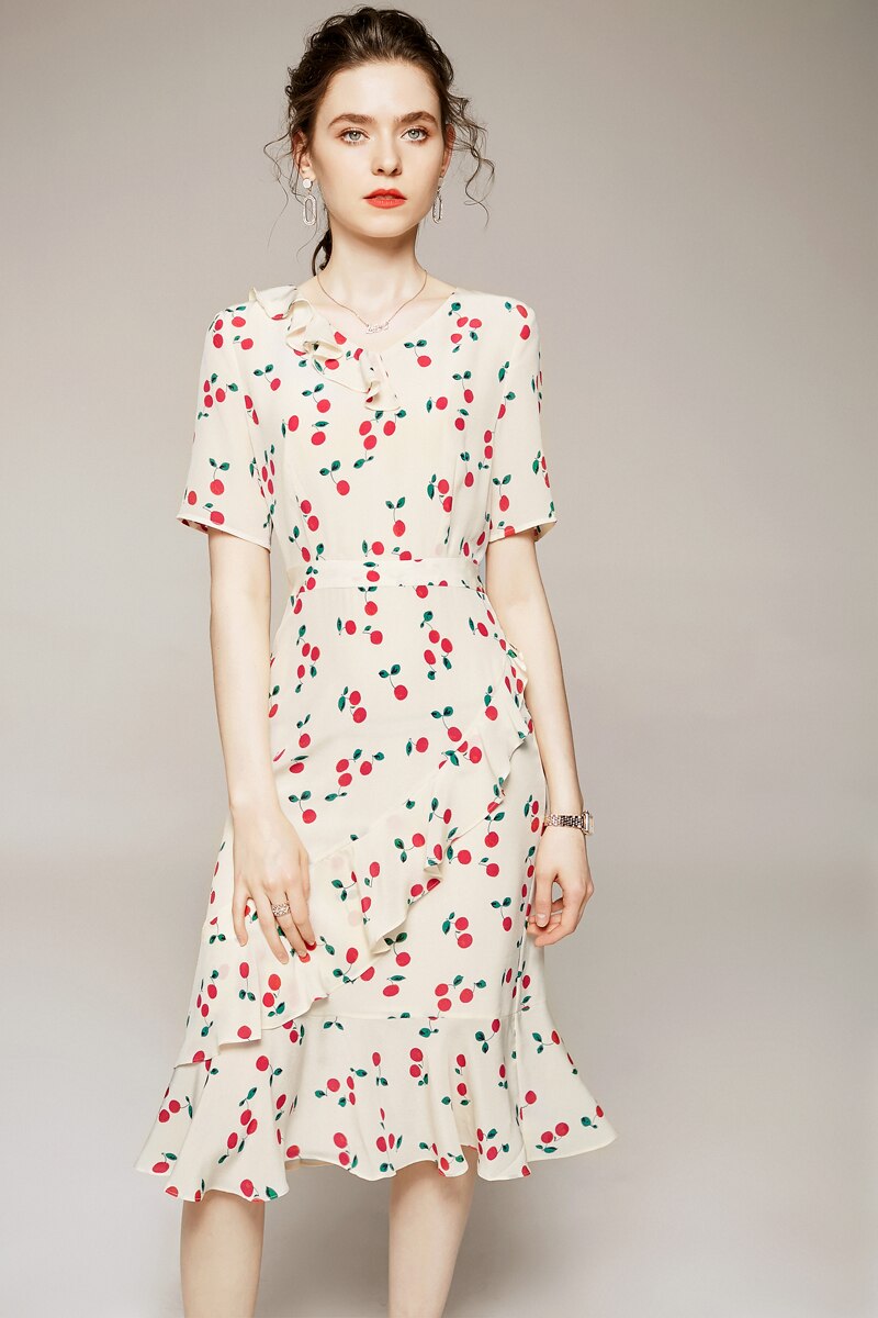 V Neck Short Sleeves Ruffles High Street Printed Fashion Casual Summer Dresses
