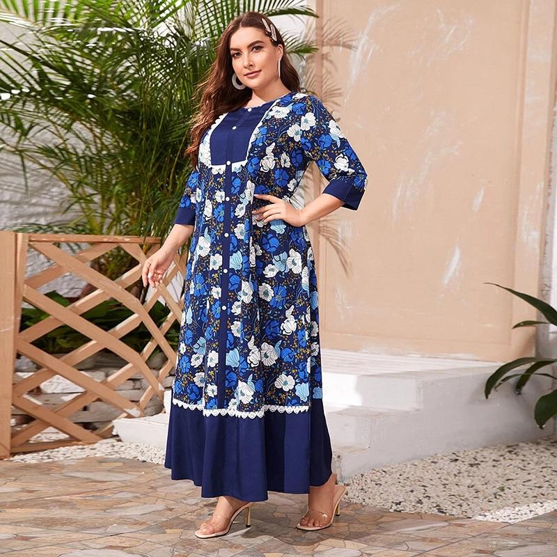 New Women Summer Long Dress 2021 Plus Size Holiday Style Blue Vintage Casual Botton Floral Print Loose Dresses Half Sleeves