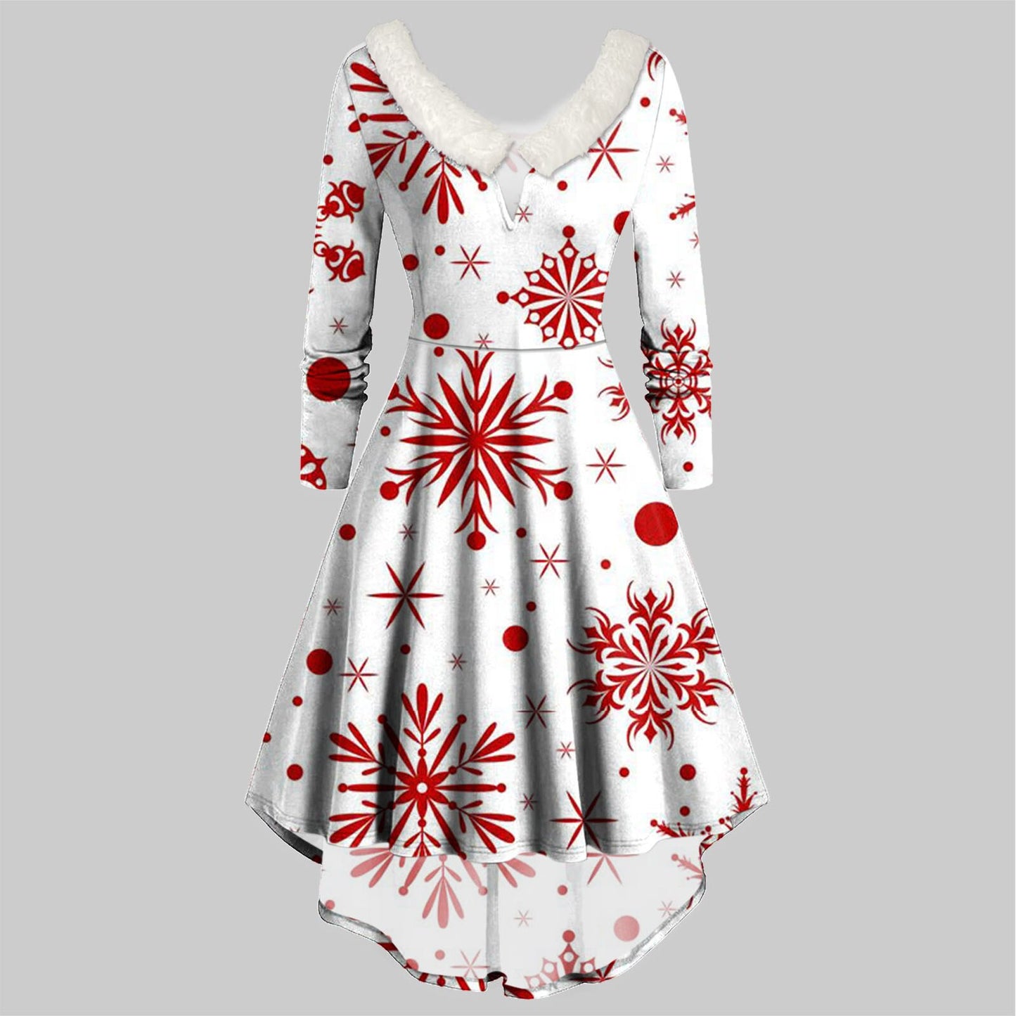 Weihnachtskleider für Frauen Pelziges V-Ausschnitt Swingkleid High Low Partykleid Langarm Xmas Print Kleider Weibliche Vestido Kleidung