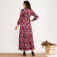 Sweet Long-sleeved Floral High-waisted Elastic Waist Long A-line Belted Romantic Dress