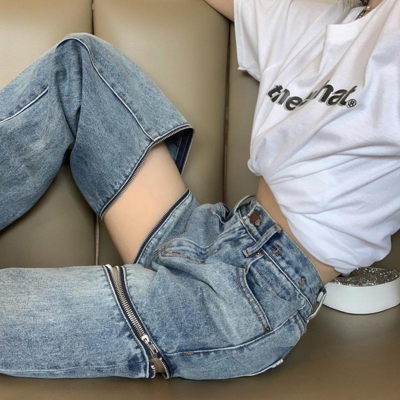 Hot Womenzipper Jeans Women High Waist Slimming Straight Loose Design Pants