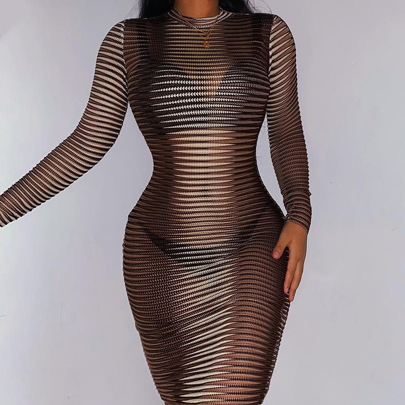 Sexy Striped Mesh Sheer Long Sleeve Bodycon Mini Dresses