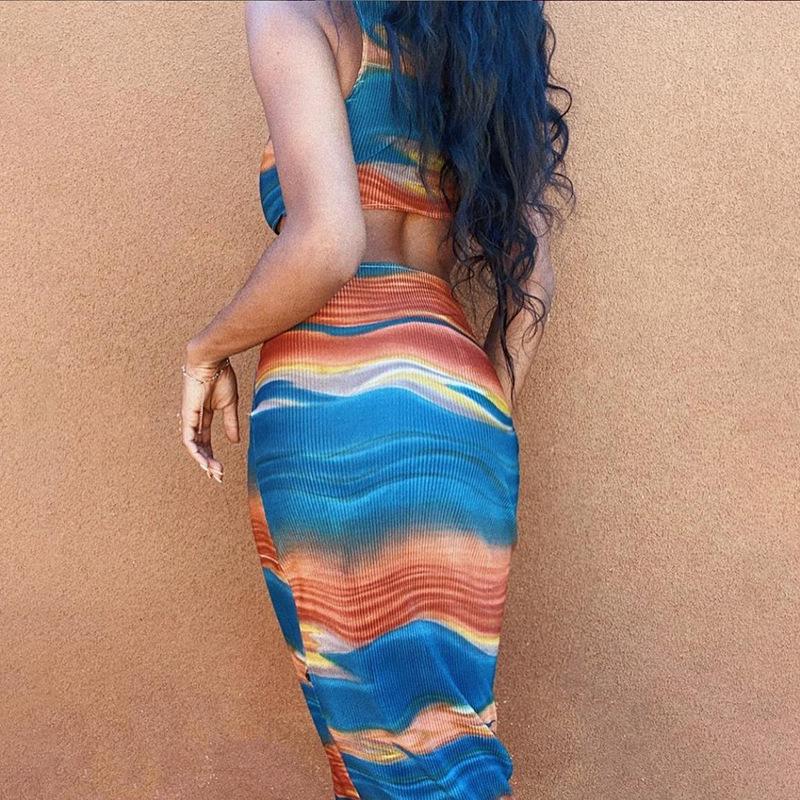 Colorful Print Vacation Long Dresses Cut Out Sleeveless Bodycon Dress