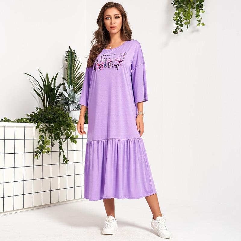 Summer Dress Women Purple Loose Casual Hand Drawn Floral Letter Print 3/4 Sleeve Ruffle Hem Stitching Long Midi Dresses