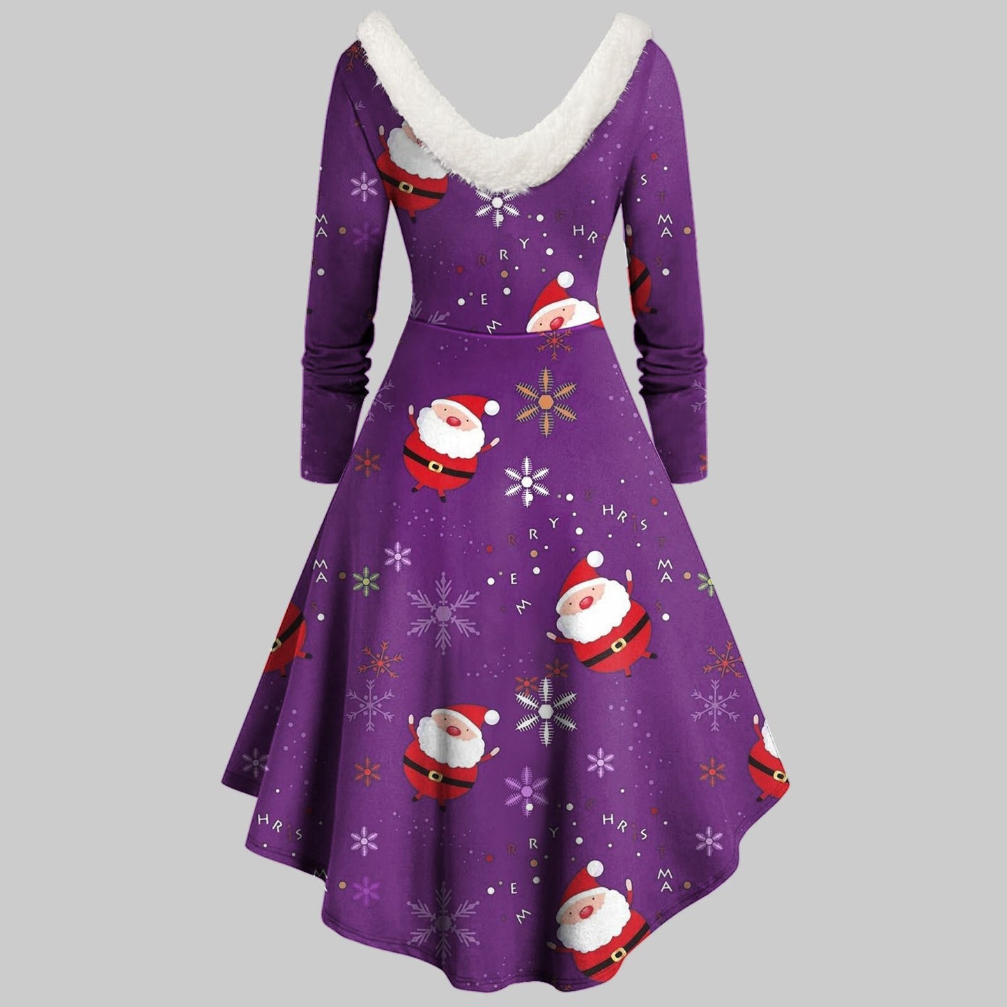 Elegant Xmas Dresses For Women Furry V Neck Swing Dress High Low Party Dress Long Sleeve Christmas Print Dresses Vestidos Mujer