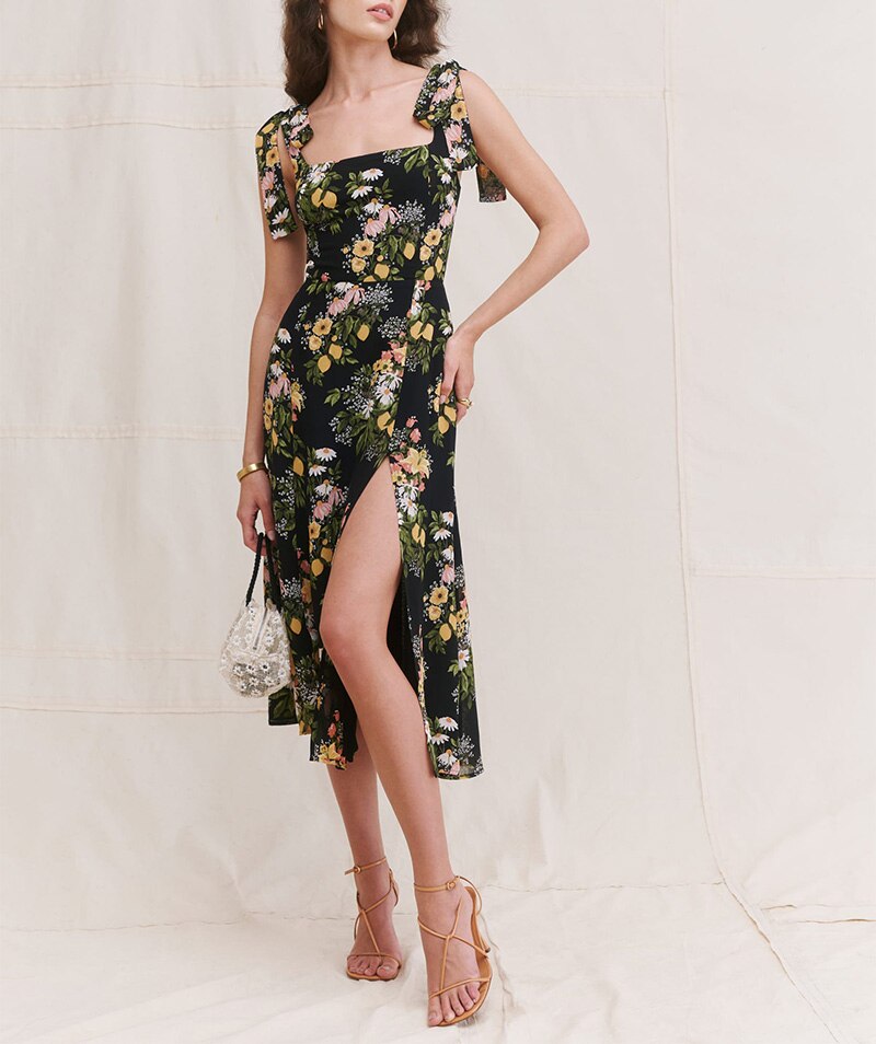 Sexy Midi Dress Elegant Vintage Floral Print Chiffon Summer Boho Beach Dress