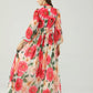 Lace Up Bow Collar Long Sleeves Floral Printed Maxi Dress