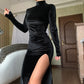 Solid Velvet Long Sleeve Ruched Side Slit Dress