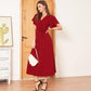 Summer New Women's Fashion Solid Color Waist Temperament Feminine Long Over-the-knee Suit Collar Short-sleeved Stretch Dress