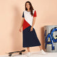 Blaues, kurzärmliges, geometrisches, farblich passendes Stretch-T-Shirt-Kleid in großer Größe mit Rundhalsausschnitt
