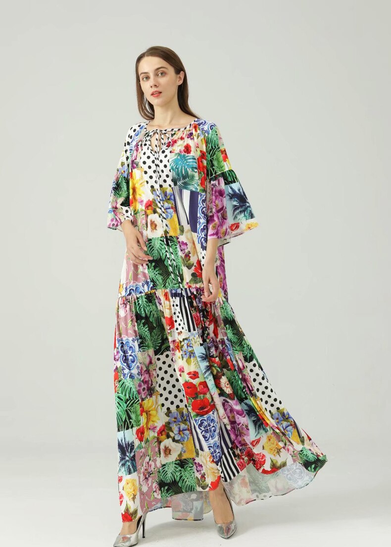 O Neck 3/4 Sleeves Floral Printed Loose Design Fashion Maxi Dress