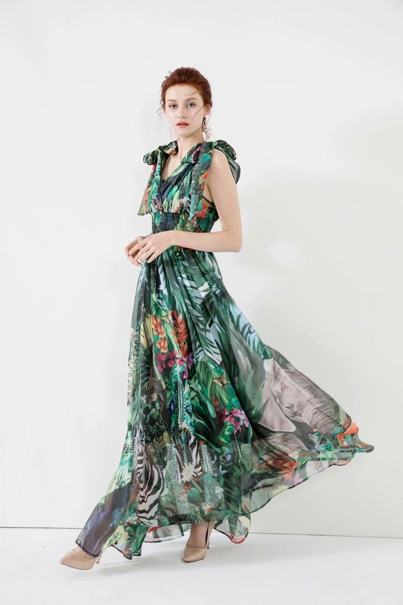 Lace Up Bow Printed Elastic Waist Elegant Long Floral Dresses