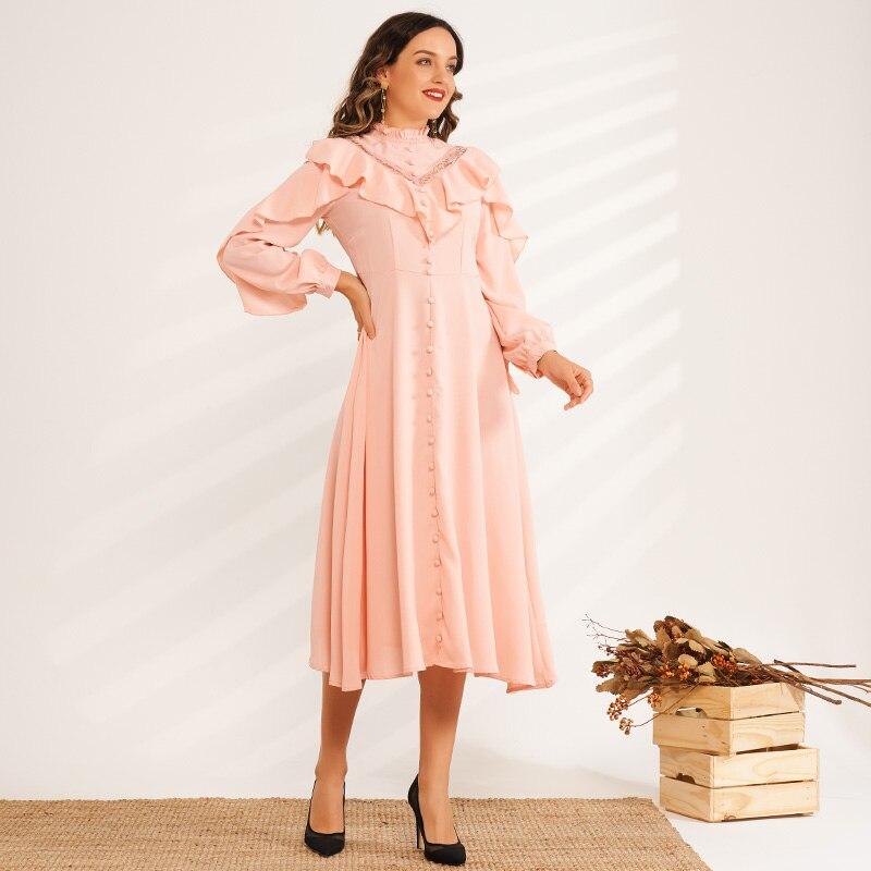 Solid Color Lace Ruffled Stitching Small Stand-up Collar Long-sleeved High-waisted Sweet Pink Dress