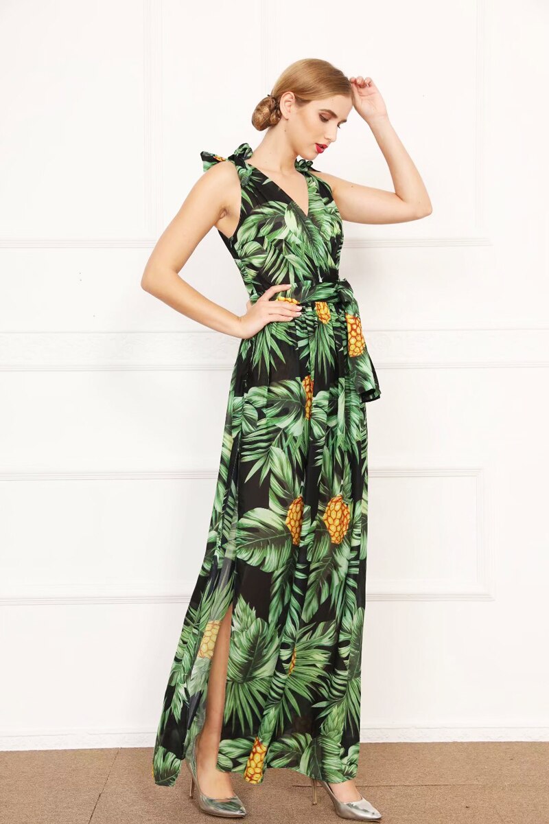 Sexy V Neck Sleeveless Printed Low Cut Maxi Long Party Dresses