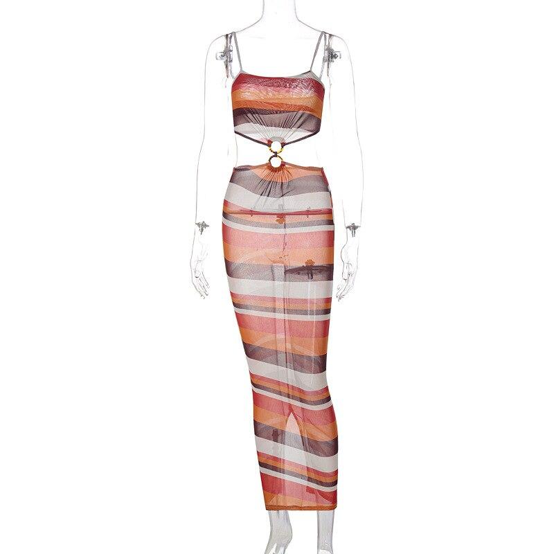 Striped Mesh Sheer Bodycon Dress
