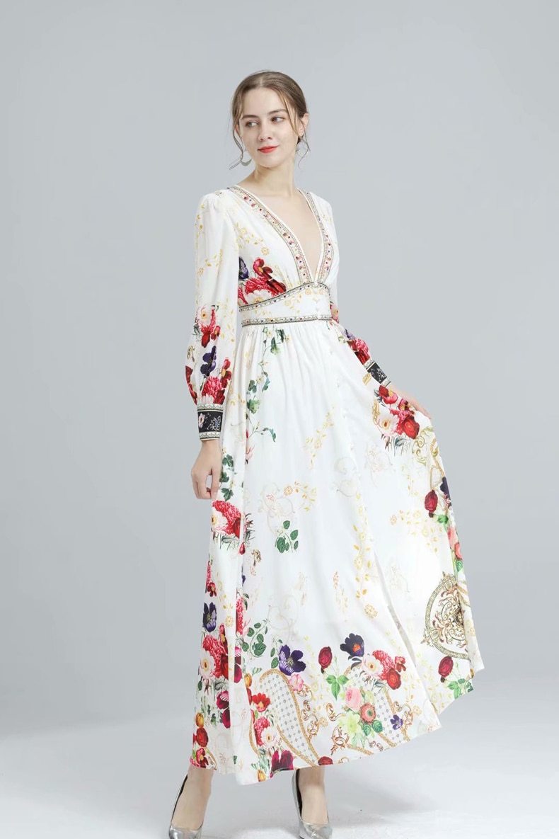 Long Sleeves Split Front Floral Printed High Street Fashion Dresses