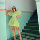Summer Dress Green Solid Color Round Neck Puff Sleeve Mini Dress