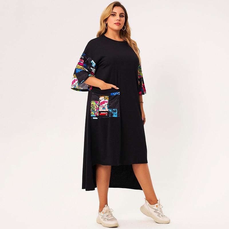 New Summer Dress Women 2021 Plus Size Black Printing Splicing O-neck Half Sleeve Loose Casual College Style Dresses With Pocket