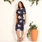 Elegant Round Neck Waist Six-point Sleeve Long Slim-fit Knit Floral Women's Dress
