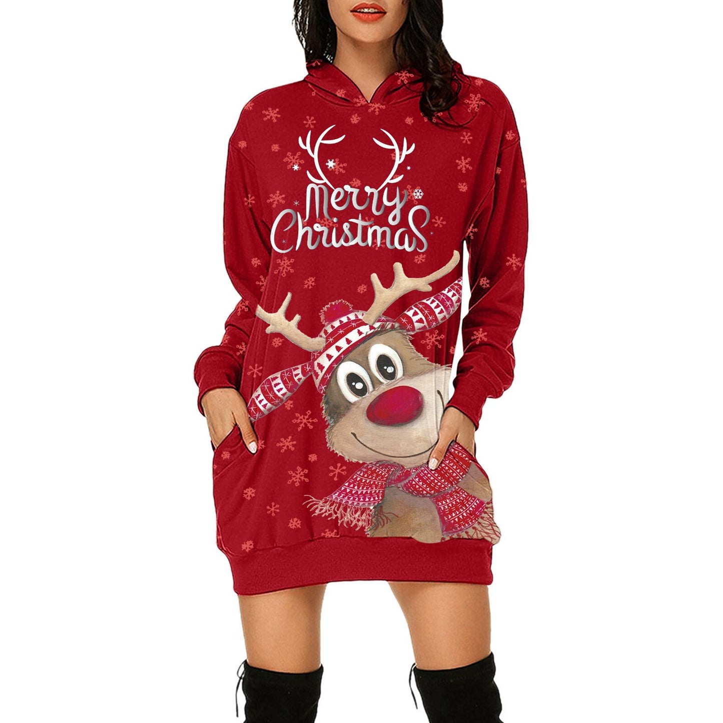Xmas Women's Dress Fashion Casual Merry Christmas Prints Bag Hip Pocket Long Sleeves Hoodies Sweatshirts Dresses With Pockets