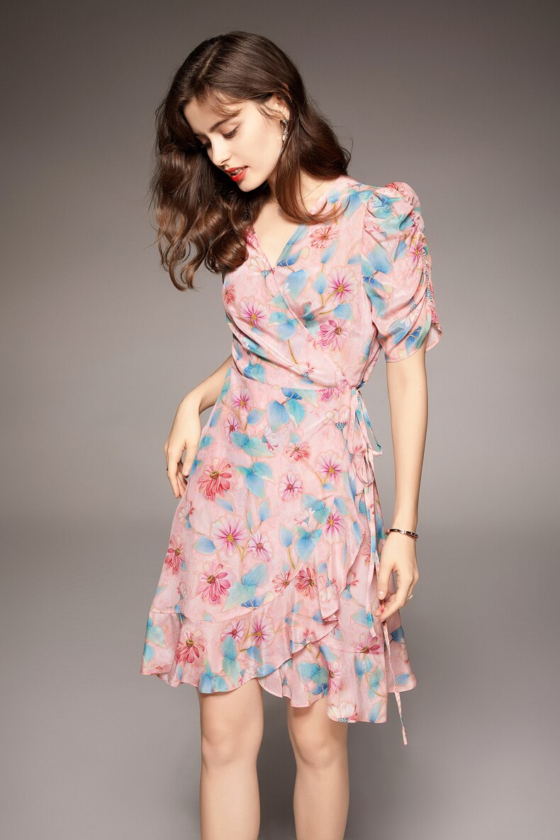 Sexy V Neck Short Sleeves Floral Printed Lace Up Belt Ruffles Dress